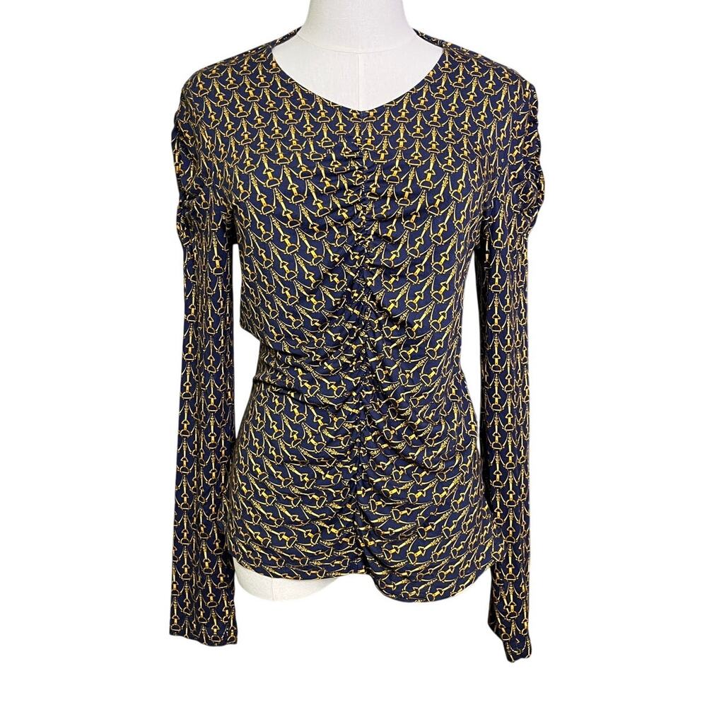 Veronica Beard Neeta
Ruched Top Womens M Blue Gold Print Stretch Long Sleeve
